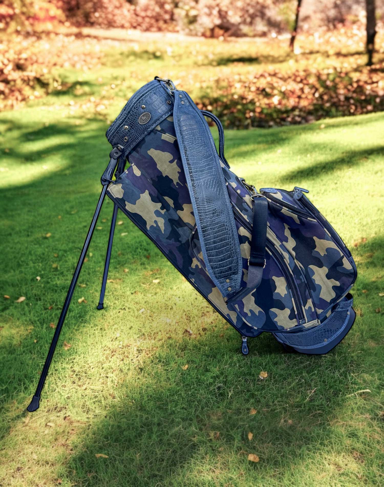Leather Golf Bag Midnight Camo Canvas Blue Croc Accents - Stand Bag ...